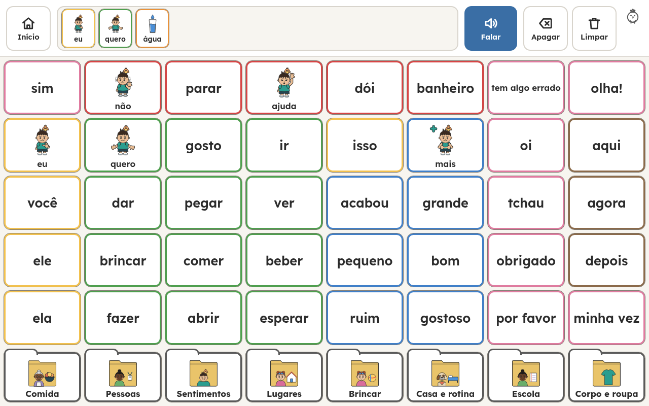 Prancha inicial com 48 cards: linha fixa de sim, não, parar e ajuda, palavras do dia a dia e oito pastas embaixo