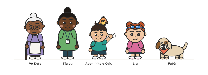 Vó Dete, Tia Lu, Apontinho com o Caju na cabeça, Lia e o cachorro Fubá, lado a lado