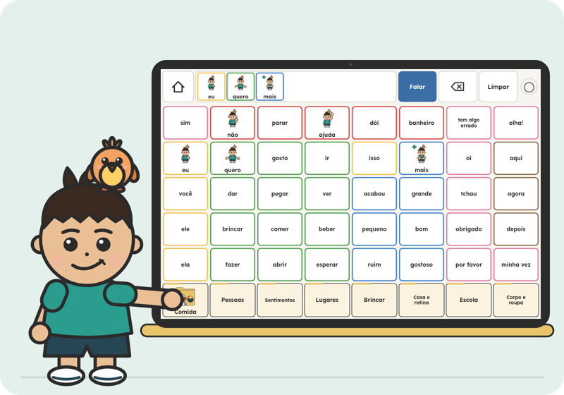 Apontinho, com o passarinho Caju na cabeça, toca a prancha de comunicação num tablet com 48 cards coloridos